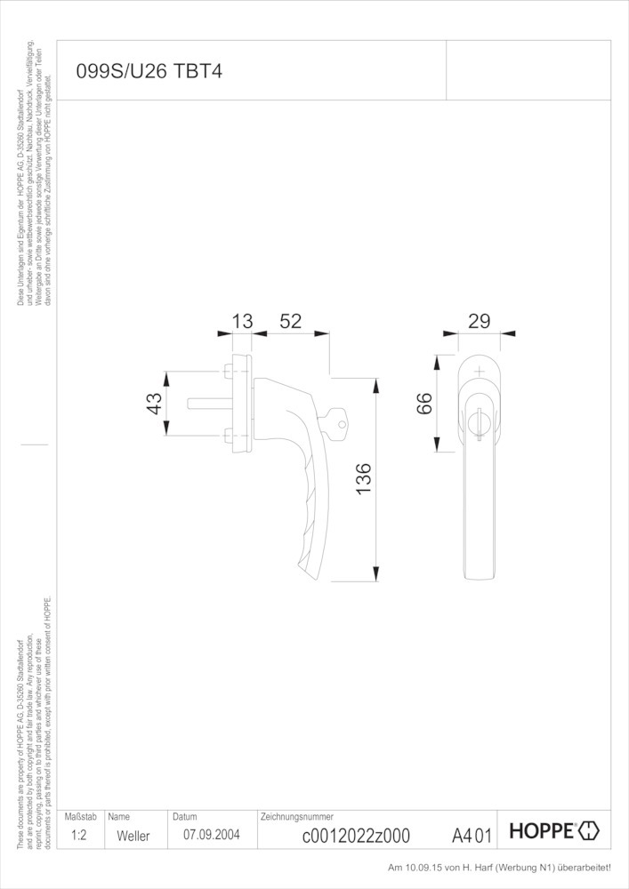 HOPPE® Fenstergriff absperrbar Luxembourg 099S/U26 TBT4, ohne Schrauben, Aluminium, 11551756