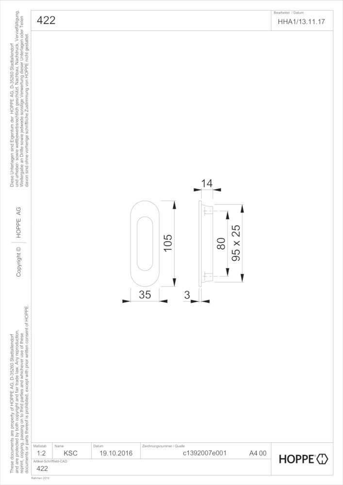 HOPPE® Schiebetürmuschel 422, Aluminium, 11612995 HOPPE® Schiebetürmuschel 422, Aluminium, 11612995