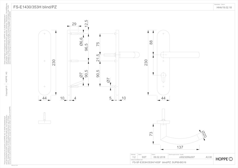 HOPPE® FH Standflügelgarnitur mit Langschild Trondheim FS-E1430/353H, Edelstahl, 11666201 HOPPE® FH Standflügelgarnitur mit Langschild Trondheim FS-E1430/353H, Edelstahl, 11666201