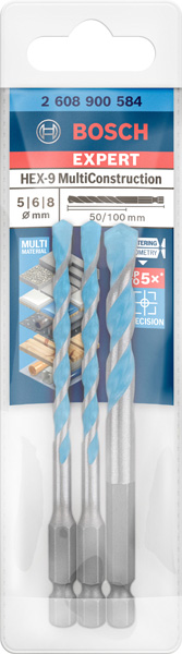 BOSCH EXPERT HEX-9 MultiConstruction Bohrer-Set, 5/6/8 mm, 3-tlg.. Für Dreh- und Schlagbohrer
