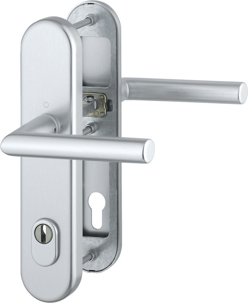 HOPPE® Schutz-Drückergarnitur mit Langschild Amsterdam 1400/3332ZA/3310, 10/92 mm, Aluminium, 3663352