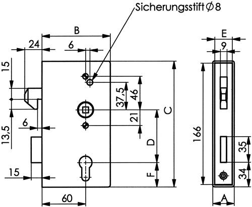 AMF Schiebetorschlosskasten 140S DIN L/R Maß A40xB94xC173mm Dornm.60mm AMF