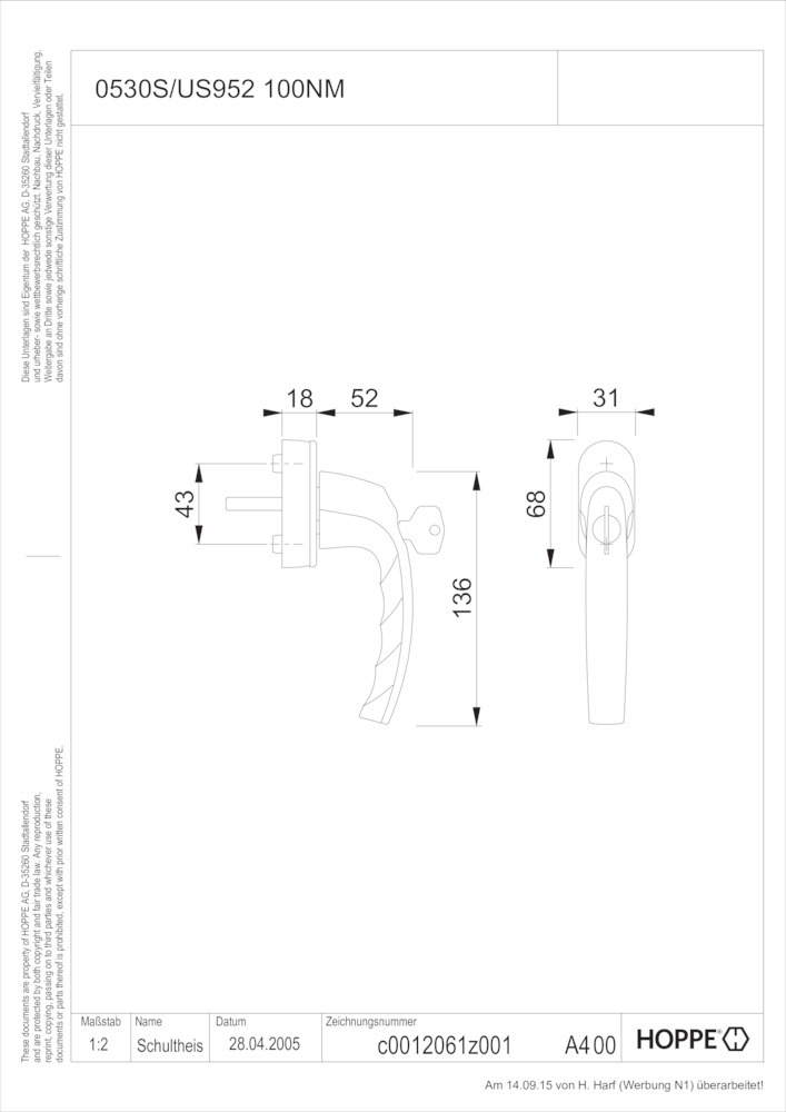 HOPPE® Fenstergriff absperrbar Atlanta 0530S/US952 100NM, mit Schrauben, Aluminium, 10763950