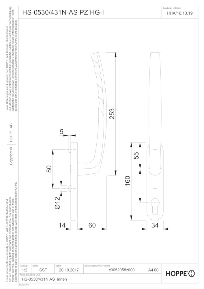 HOPPE® Handhebelgarnitur Atlanta HS-0530/431N-AS, ohne Schrauben, Aluminium, Profilzylinder gelocht