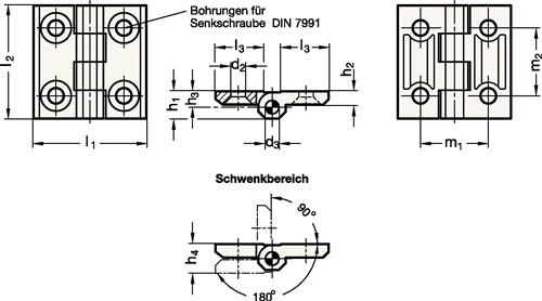GANTER Scharnier GN 237 H.50mm B.50mm S.2mm Zink-Druckguss m.Bohrungen f.Senkschrauben