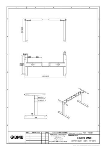 BMB Steh-Sitz Tischgestell E-MORE 2M2S silber RAL 9006 H.700-1200mm BMB