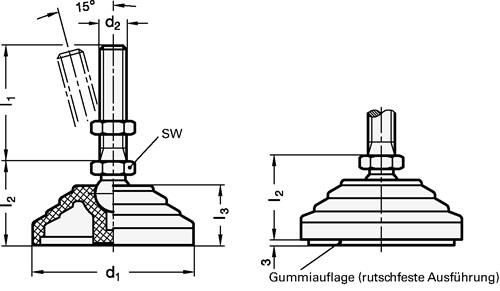 GANTER Kunststoff-Gelenkfuß GN 344 d1 60 mm,d2 M 16mm l1 148mm l3 24mm GANTER