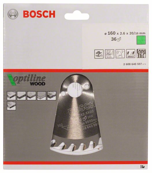 BOSCH Kreissägeblatt Optiline Wood für Handkreissägen, 160 x 20/16 x 2,6 mm, 36