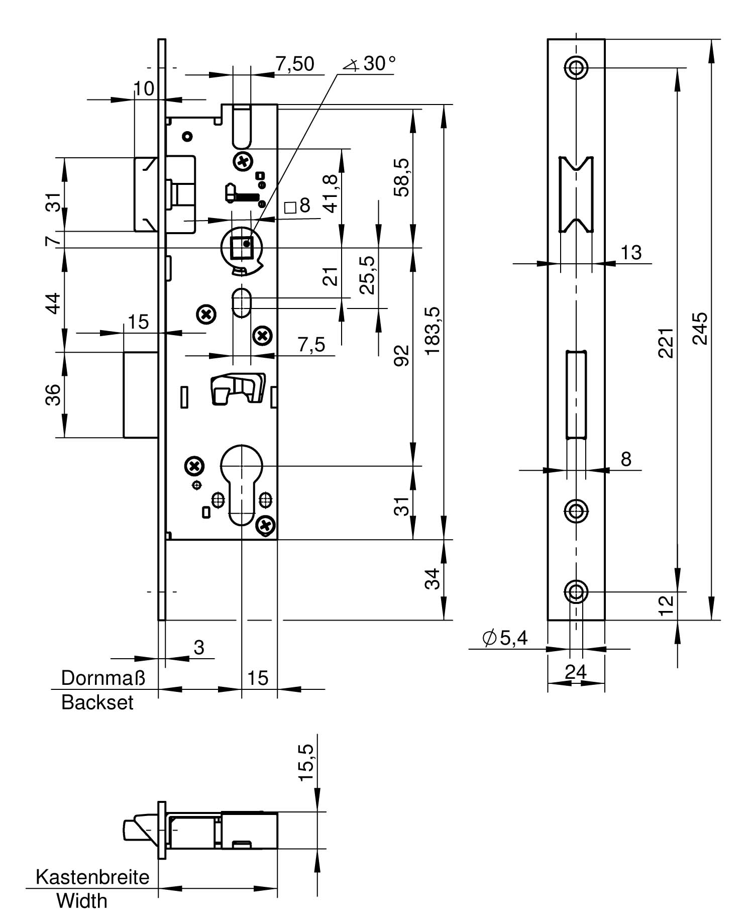 WILKA 1433 Fallen-Riegel-Einsteckschloss 24x6x2x245