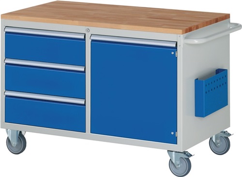 RAU Werkstattwagen Buchenplatte H795xB1145xT650mm lichtgrau/enzianblau 3 x 180mm