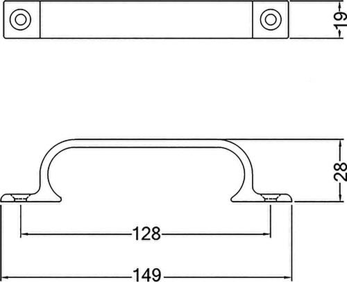 HERMETA Handgriff A.28mm L.149mm B.19mm Alu.silberf.elox.Löcher 2,D.4,3mm HERMETA