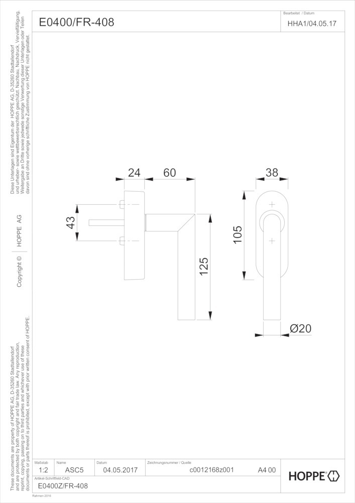 HOPPE® Fenstergriff mit Funk Amsterdam E0400/FR-408, Edelstahl