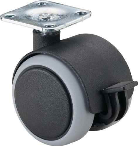 BS ROLLEN Kunststoffdoppelrolle m.Festst.D.50mm Trgf.50kg m.Platte m.Festst.