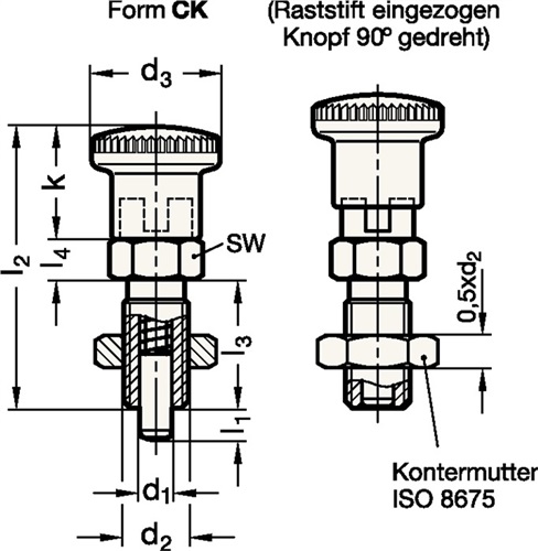 GANTER Rastbolzen GN 817 d1 10mm d2 M16 x 1,5mm l1 12mm Stahl,o.Rastsperre,m.Kontermut.