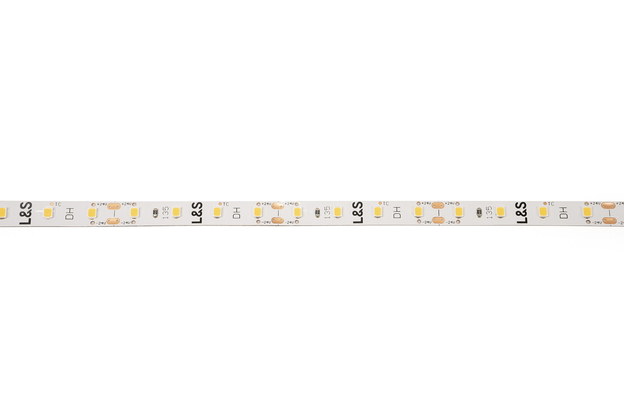 L&S LED-Band HE 80LEDs/m (2835), 3000K, 4 LEDs/50mm, 24DC, 2,8W/m, 8mmx5m, 2x Anschlussltg. 2000mm, white PCB, IP20
