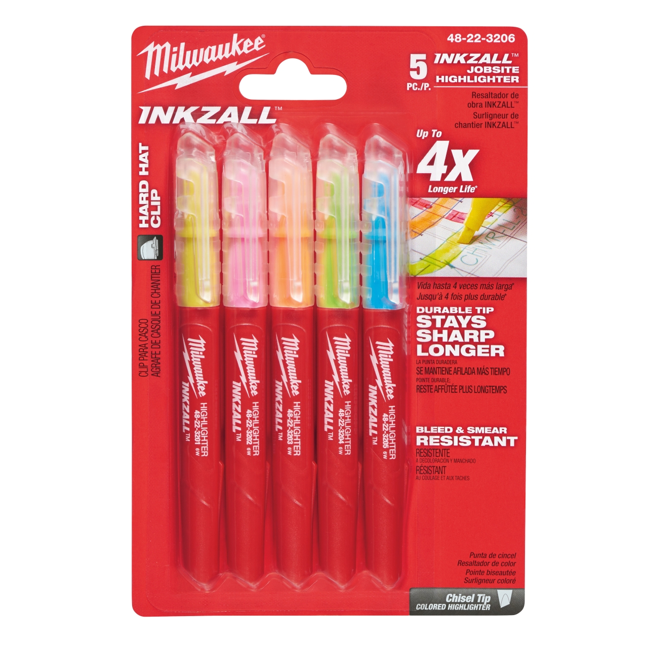 MILWAUKEE blau, grün, gelb, orange, pink INKZALL Leuchtmarker Set 5-teilig