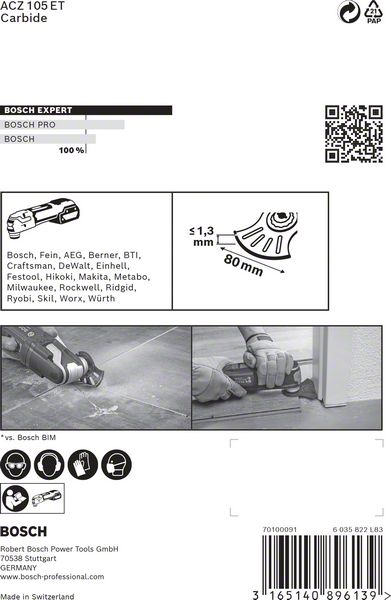 BOSCH EXPERT MultiMaterial Segment Blade (Segmentsägeblatt) ACZ 105 ET Blatt für Multifunktionswerkzeuge, 1 Stück. Für oszillierende Multifunktionswerkzeuge