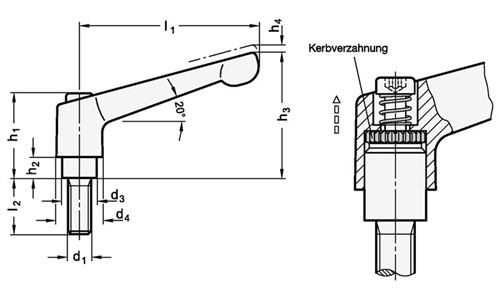 GANTER Verstellbarer Klemmhebel GN 300 d1 M 8mm l1 63mm l2 50mm AG GANTER