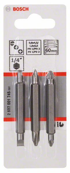 BOSCH Doppelklingenbit-Set, 3-teilig, PH1, PZ1, S 0,6x4,5, PH2, PZ2, S1,0x5,5, 60 mm