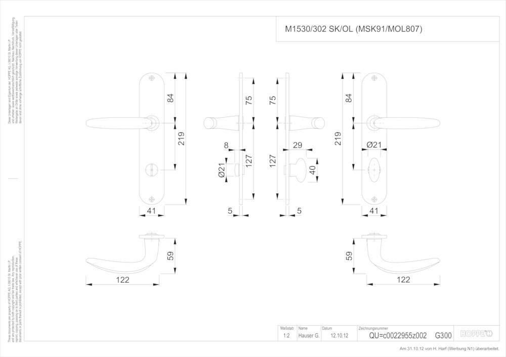 HOPPE® Drückergarnitur mit Langschild Atlanta M1530/302, Messing, 2804133