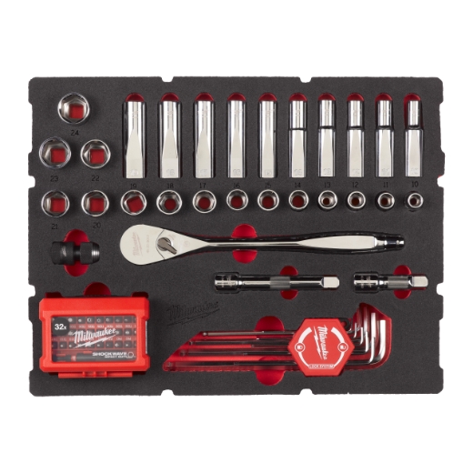 MILWAUKEE 70-teilige Einlage für PACKOUT Koffer mit Schubladen Sechskantschlüssel, SHOCKWAVE Bits & 1/2" Ratschen u. Steckschlüsseleinsätze Einlage