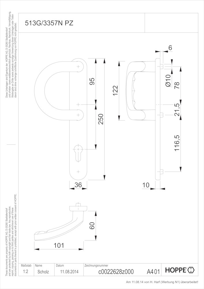 HOPPE® Stoßgriff auf Langschild 513G/3357N, Aluminium, 8055451