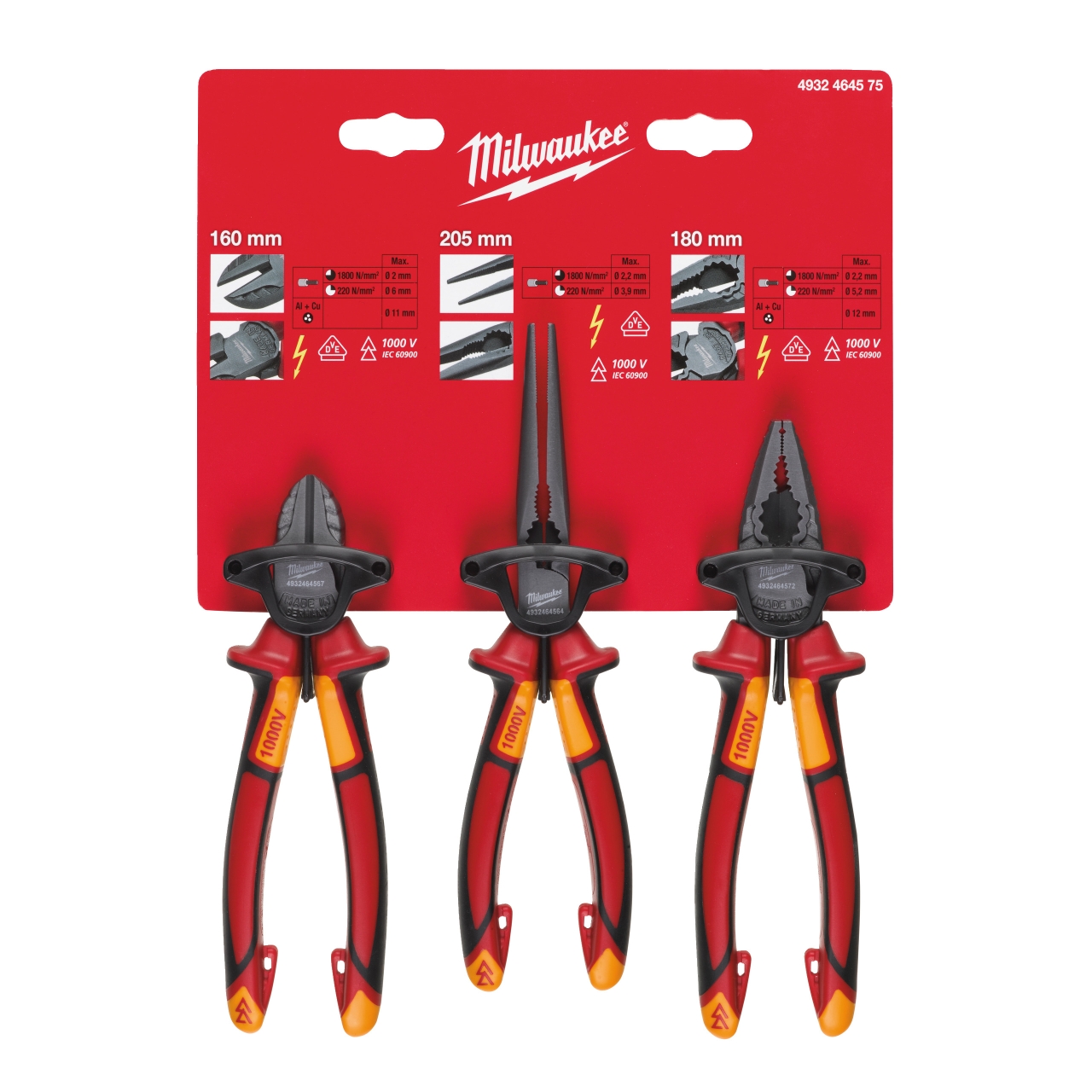 MILWAUKEE Seitenschneider 160 mm, Langbeck-Rundzange, Kombizange 180 mm Zangenset 3-teilig, VDE geprüft