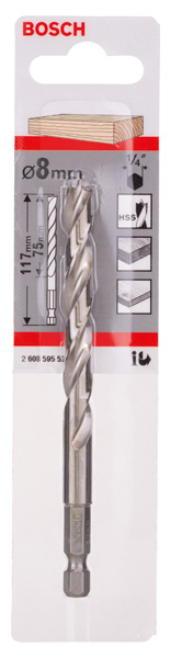 BOSCH Holzspiralbohrer mit 1/4 Zoll-Sechskantschaft, 8 x 75 x 117 mm
