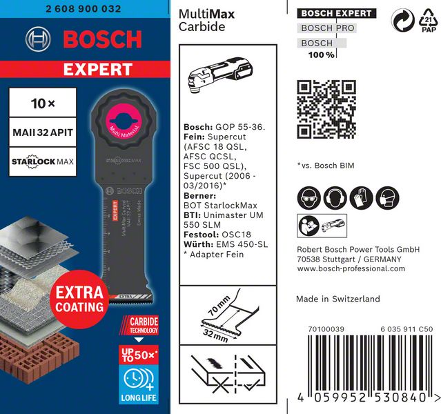 BOSCH EXPERT MultiMax MAII 32 APIT Blatt für Multifunktionswerkzeuge, 32 mm, 10 Stück. Für oszillierende Multifunktionswerkzeuge