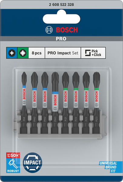 BOSCH Schrauberbit-Set Impact Control, 8-teilig, PH1, 3x PH2, PH3, 2 x PZ2, PZ3, 50 mm