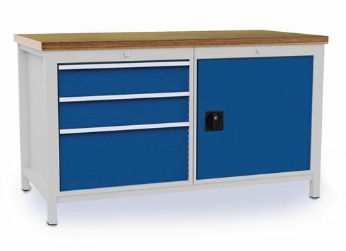 Nordwest Werkbank signalblau lichtgrau B1500xH859xT750mm Buche Multipl.40mm 3 Schub.1 Tür