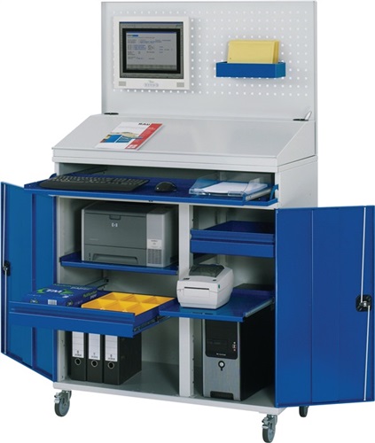 RAU Computerschrank H1895xB1100xT520mm mobil enzianblau lichtgrau Lochpl.,Pultaufs.