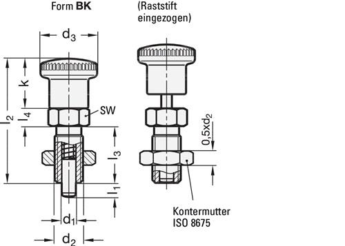 GANTER Rastbolzen GN 817 d1 8mm d2 M16 x 1,5mm l1 12mm Stahl,o.Rastsperre,m.Kontermut.