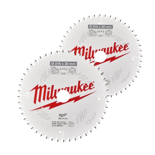 MILWAUKEE 216/30 mm Z48 Wechselzahn negativ u. 216/30 mm Z60 Wechselzahn negativ Sägeblatt Holz für Kapp- und Gehrungssägen Doppelpack