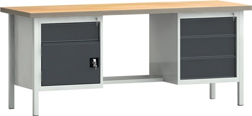 KLW Werkbank PW 700 B2000xT700xH840mm Buche Multiplex lichtgrau/grau 4 Schubl.1 Tür