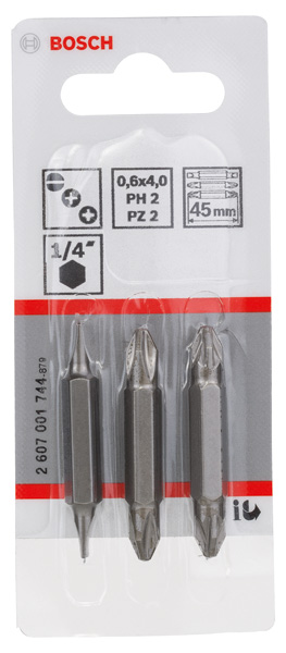 BOSCH Doppelklingenbit-Set, 3-teilig, S0,6x4,0, S0,6x4,0, PH2, PH2, PZ2, PZ2, 45 mm