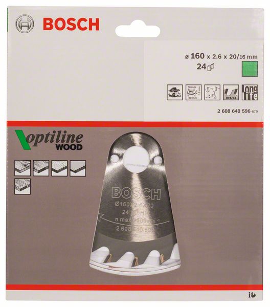 BOSCH Kreissägeblatt Optiline Wood für Handkreissägen, 160 x 20/16 x 2,6 mm, 24