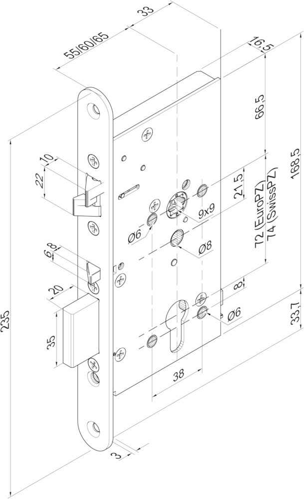 effeff Einsteckschloss (mechanisch) 309X, Schlosskastenhöhe 168,5, Vollblatt, Flachstulp, 1-flg., mit FS