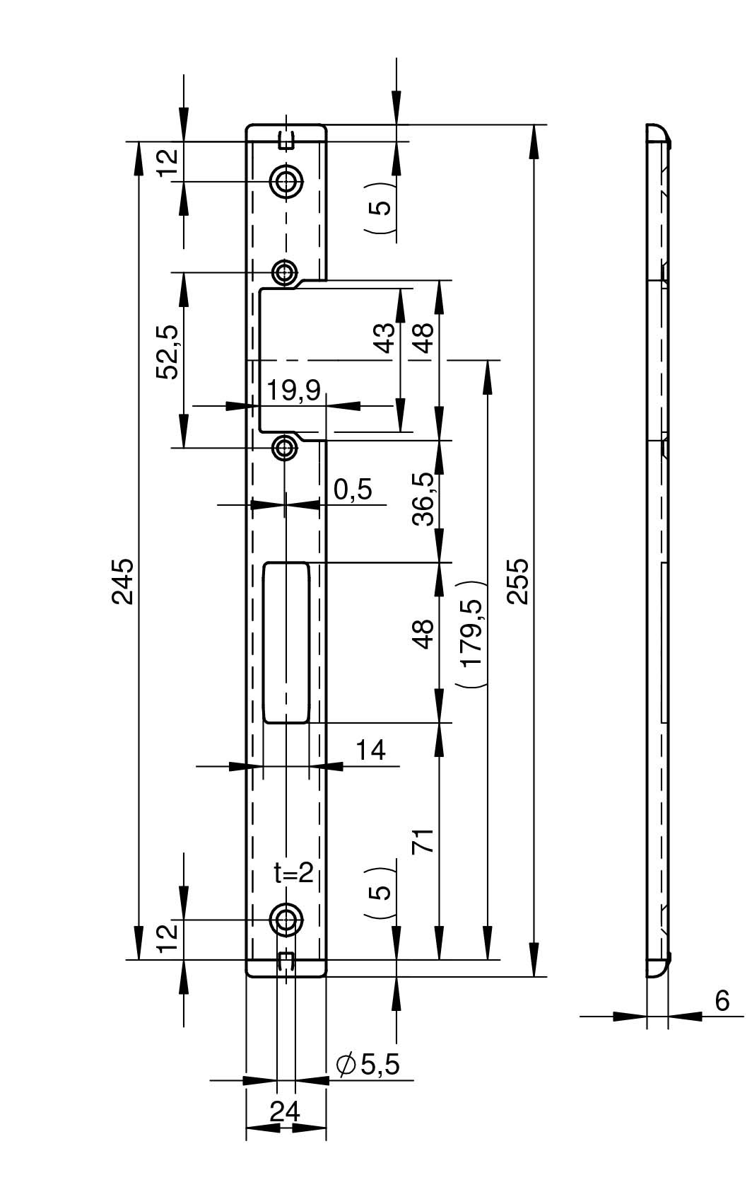 WILKA P697 Anti-Panik-Schließblech für Rohrrahmentüren 24x6x2x245