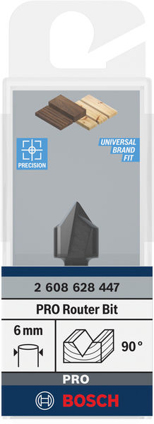 BOSCH V-Nutfräser Standard for Wood mit 6 mm Schaft, D1 12,7 mm, L 12,7 mm,G 45 mm,90°