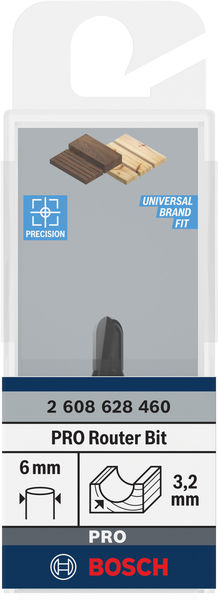 BOSCH Hohlkehlfräser 6 mm, R1 3.2 mm, D 6.35 mm, L 9,1 mm, G 40 mm