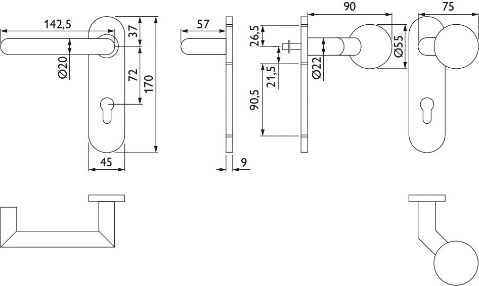 HERMAT FH Wechselgarnitur mit Kurzschild BASIC 08 1808 FS/2006 KU/3126/GK, Edelstahl