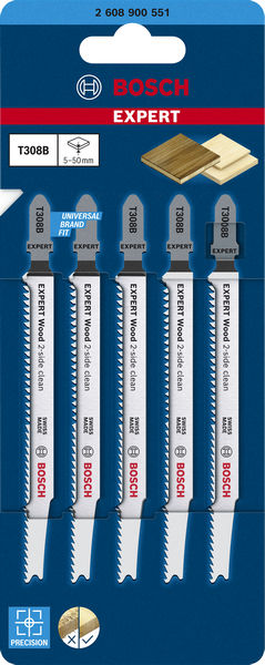 BOSCH EXPERT ‘Wood 2-side clean’ T 308 B Stichsägeblatt, 5 Stück. Für Stichsägen