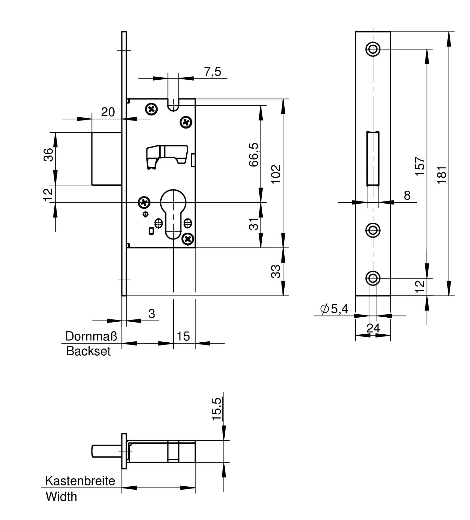 WILKA 038R Riegel-Einsteckschloss 24x3x181