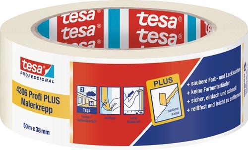 TESA Malerkreppband 4306 Profi PLUS leicht gekreppt hellbeige L.50m B.38mm Rl.TESA