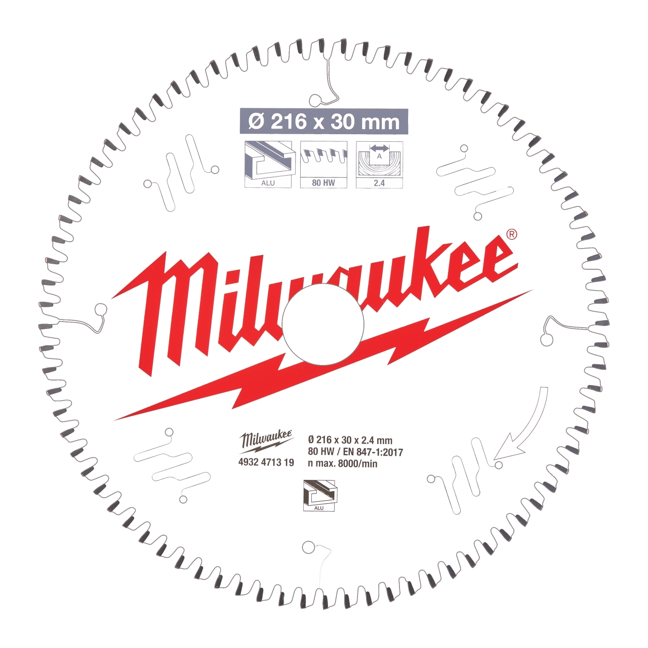 MILWAUKEE 216/30 mm Z80 Flachtrapezzahn negativ Sägeblatt Alu für Kapp- und Gehrungssägen