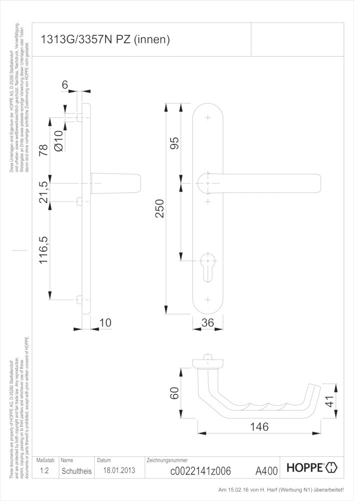 HOPPE® Drücker-Halbgarnitur mit Schmalschild Liverpool 1313G/3357N, Aluminium, 3021430