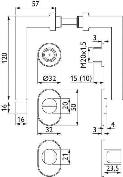 HERMAT Drückergarnitur mit Rosetten SQUARE 1835/2401, Aluminium