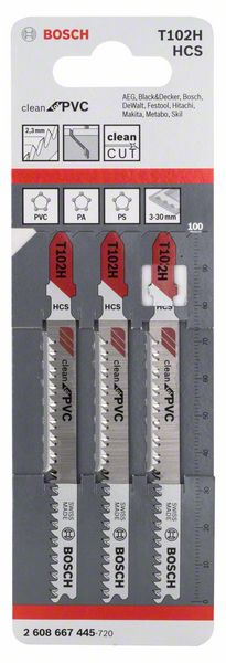 BOSCH Stichsägeblatt T 102 H Clean for PVC, 3er-Pack