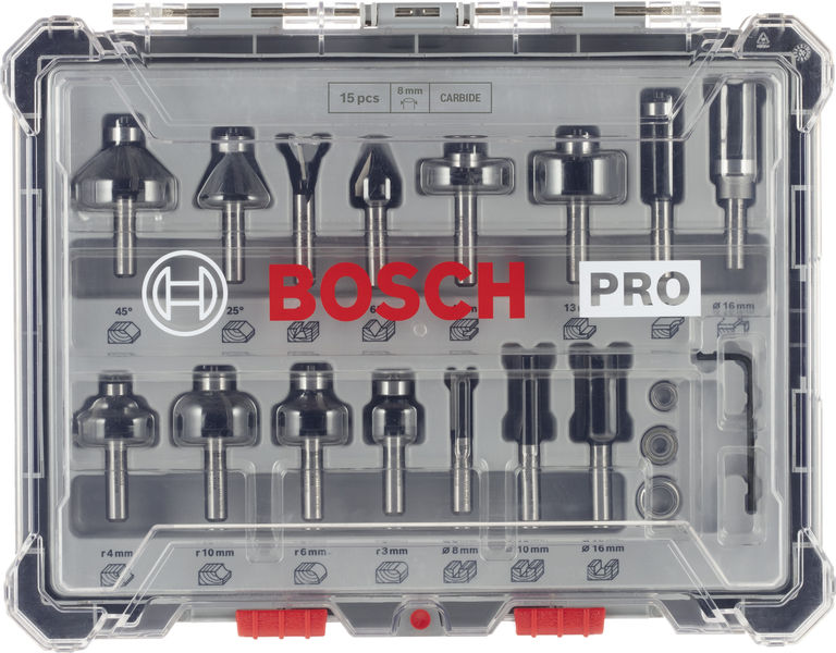 BOSCH Fräser-Set, 8-mm-Schaft, 15-teilig